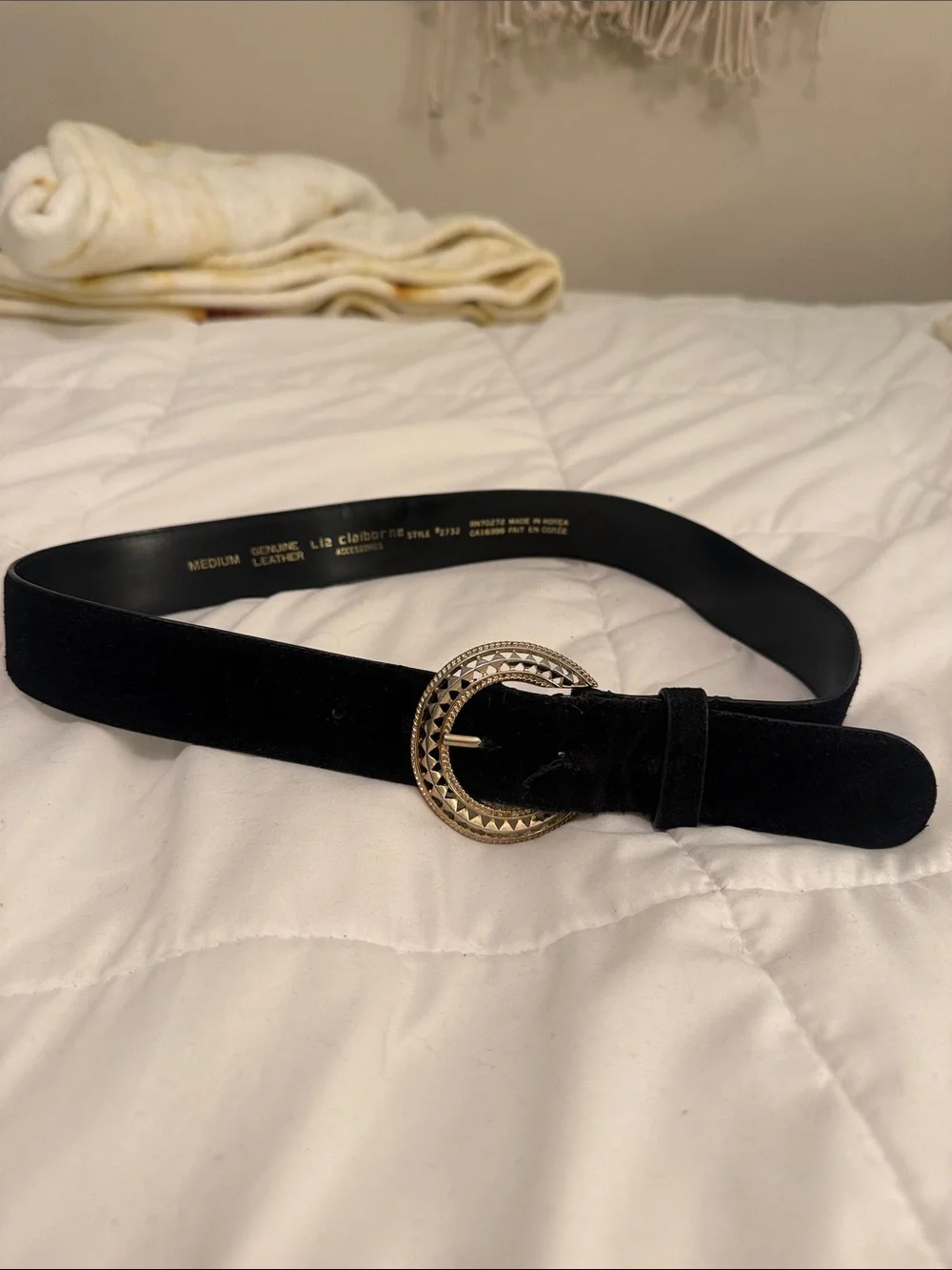 Liz Claiborne Black Velvet Belt with Gold Decorative Round Buckle